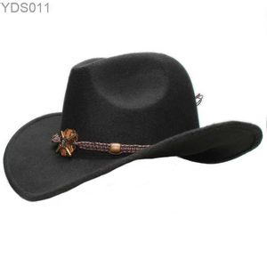 Breda breim hattar hink vintage förälder-barn kvinnor män/barn barn ull cowboy western hatt cowgirl cap trä stickat pärla band (61 cm/57 cm/54 cm 240319