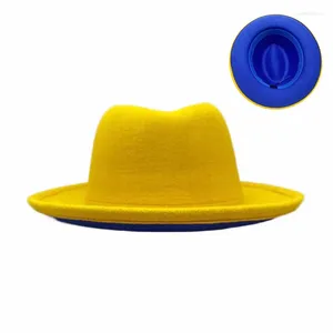Berets Women Yellow Blue Patchwork Crimping Wide Brim Wool Jazz Fedora Hats Panama Trilby Cap Trend Gambler Hat Wholesale