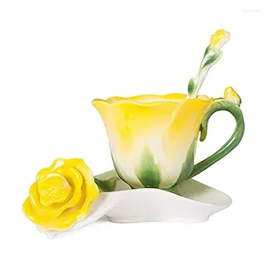 Mugs 3D Rose Shape Flower Emamel Ceramic Coffee Tea Cup and Saucer Spoon Porslin Creative Valentine Gift