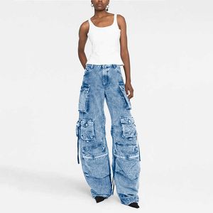 Calça jeans azul da moda por atacado com bolso cargo jeans para mulheres