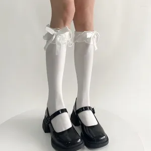 Meias femininas doces longas panturrilhas com babados e laço, meias escolares para meninas