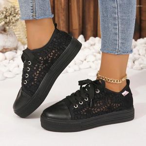 Casual Shoes Women Spring Autumn Summer Fashion White Cutouts Lace Canvas Hollow Breathable Platform Flat Sneakers Tennis Walk