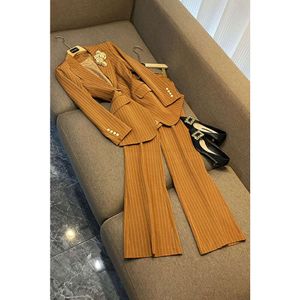 2024 Autumn Brown Striped 3D Flowers Two Piece Pants Set Long Sleeve Notched-Lapel Single-Breasted Blazer Blazers Top Trousers Suits Set O3G300109