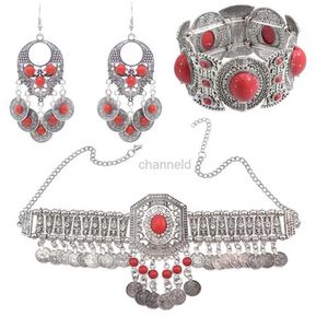 Bangle Gypsy Necklace Bracelet Earring Sets for Women Boho Hippie Coin Tassel Red Blue Turkish Stone Tribal Jewelry Set Party Gift 240319