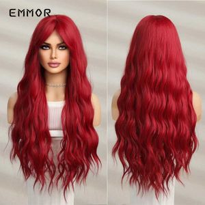 Synthetic Wigs Lace Wigs Emmor Red Wigs with Bangs Synthetic Long Wavy Wigs Daily Use Cosplay Natural Hair Wig for Women High Temperature Resistance 240329