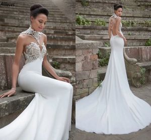 Boho Garden Mermaid Suknie ślubne Wspaniałe koraliki Perły Wysokie dekolt z aplikacjami koronkowe suknie ślubne pociąg Slim Fit Fit Backless Bride szaty de Mariee yd