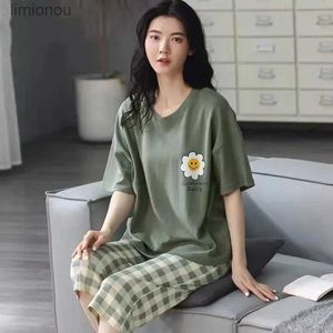Women's Sleepwear S-5XL New Womens Round Neck Short Sleeves Cartoon Cute Print Tops and Seven Points Pants Pajamas Set Home WearC24319