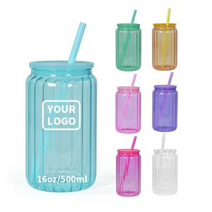 16oz Sublimation Striped Glass Cans with Colorful Lid Colored Jelly blank Sublimation Glass Cups Drinking Glasses with Reusable Straw NEW
