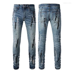 Herr jeans elasticitet vintage hög gata fast färg stänk bläck färg denim manliga byxor trasiga hål smala parti man byxor