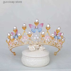 Tiaras Vintage Pearl Butterfly Crown Headdress Bride Wedding Crystal Crystal Bride Hair Jewelry Gifts Y240319