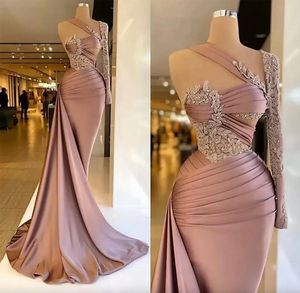 Gorgeous One Shoulder Satin Mermaid Evening Dresses Long Sleeve Appliques Beaded Ruched Women Evening Pageant Prom Gowns