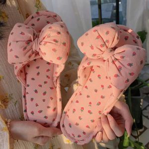 Slippers Cute Strawberry Bowknot Linen Slippers Women Indoor Floor Flip Flops Summer Autumn Antislip Home Slippers House Slides Shoes