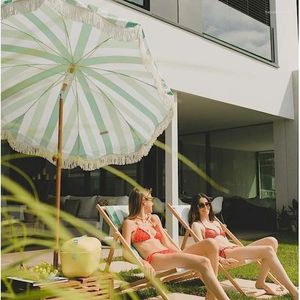 Tents And Shelters 2M Korean Green White Yellow Striped Beach Tassel Umbrella With Turning Sun Protection Outdoor