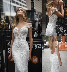 Netta Benshabu Mermaid Wedding Dresses Off Shoulder Crystal Applique Pearls Sequins Lace Hollow Back Wedding Dress Sweep Train Bri3006327