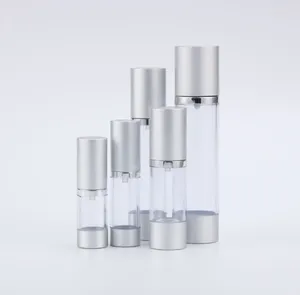 Garrafas de armazenamento 50ML Clear recarregável Airless Lotion Pump Bottle com alumínio prateado sobre tampa