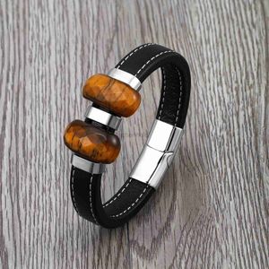 Bangle 2022 New Jewelry Retro Double Faceted Natural Tiger Eye Charm Wide Leather Cord Trendy Cool Mens Stainless Steel Bracelet 240319