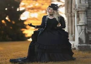 2022 Vintage Medieval Victorian Black Ball Gown Wedding Dresses For Women Gothic Pleats Corset Wedding Gowns With Long Sleeve Jack5296847
