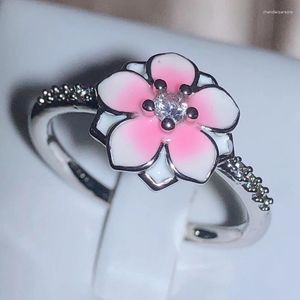 Cluster anéis romântico flor de cerejeira branco zircônia anel senhoras 925 selo esmalte gotejamento jóias festa de casamento presente japonês