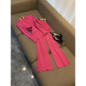 2024 Autumn Pink Floral Print Two Piece Pants Sets Long Sleeve Notched-Lapel Lace Panelled Blazer Blazers Top & Flare Trousers Trousers Suits Set O3G302677