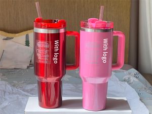 Mesmo 1: 1 estrelado e rosa 40 onças Quenche Tumblers Cosmo Parade Flamingo Co-branded Valentine's Day Cup 40 onças de aço inoxidável FlowState Quencher caneca de carro de palha com tampa rosa