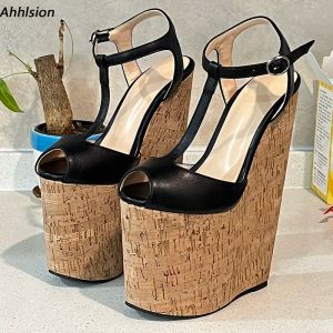 Sandals Ahhlsion Handmade Women Summer Sandals Strap Wedges High Heeled Peep Toe Beautiful Black Party Shoes Ladies US Size 415