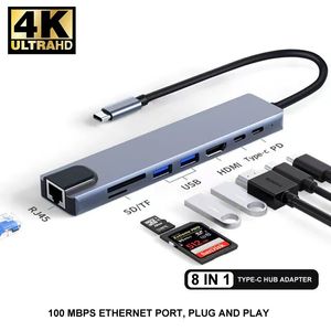 USB 8 i 1 Typ C 3 1 till 4K HDMI Hub -adapter med SD TF RJ45 -kortläsare PD Snabbladdning för MacBook Notebook -dator