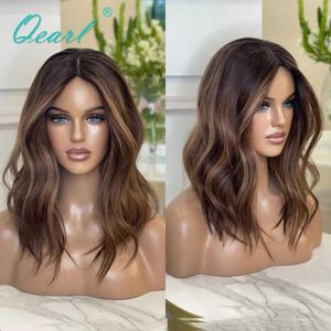 Synthetische Perücken, neu im Verkauf, brasilianische Echthaarperücke, dunkles 27#-Blond, hellbraune Highlights, Lace-Front-Perücken für Frauen, leimlose Wellenperücke, Qearl 240328 240327