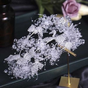 Tiaras Luxury Crystal Beads Floral Wedding Beadbss Bridal Hair Associory Rhinestone Crown Bride Tiaras Handmade Headpiece Y240319