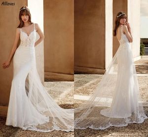 Spaghetti Straps Lace Mermaid Wedding Dresses For Women Roamantic Tulle Wrap Skirt Boho Garden Bridal Gowns Sexy Backless Bride Reception Robes de Mariee YD