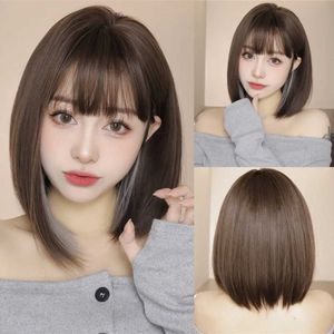 Synthetic Wigs Lace Wigs Short Brown Straight Synthetic Wigs with Bangs for Women Bob with Gray Highlights Hair Wig Daily Party Use High Temperature Hair 240327