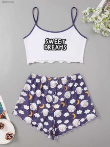 Pijamas femininos novo estilo ladys verão dos desenhos animados doces sonhos imprimir camisola com shorts de impressão de ovelhas conjunto de pijama casa usar roupa de dormir c24319