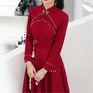 エスニック服エレガント中国人女性Qipao Cheongsam Burgundy Lace Bride Wedding Dress Toast Sexy Classic A-Line Banquet Vestidos