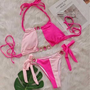 Kvinnors badkläder rosa sexiga bikini baddräkt strass kvinnor baddräkt kvinnor baddräkt push up bikini strand baddräkt simbassad baddräkt j240319