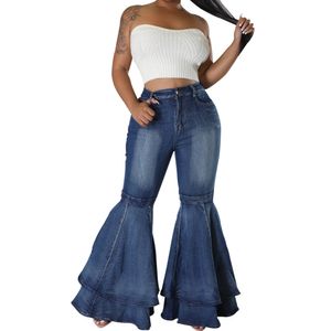 Women High Waist Flare Jeans Pleated Layered Ruffle Bell Hem Cute Wide Leg Denim Pants Long Trousers