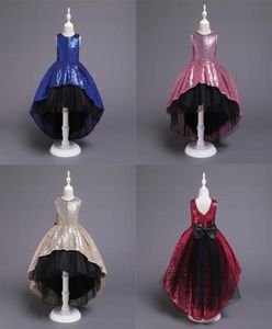 2019 Gold Sequins High Low Designer Kids039 Dresses Formal Flower Girl Dress Jewel Sleeveless Big Bow Sash Black Tulle Pageant 1157709