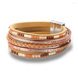 Link pulseiras moda couro pu trançado multi camadas boêmio contas artesanais fecho magnético envoltório feminino adolescente meninas pulseira jóias