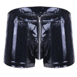 Shorts masculinos brilhantes sexy pvc couro lado laço-up zíper bulge bolsa látex para boate festa palco calças de dança masculina