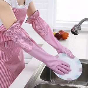 Fashion Cuffed Fleece Warm Household Gloves Kitchen Cleaning Durable Dishwashing Rubber 240314