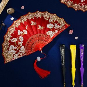Figurine decorative Ventaglio pieghevole in stile cinese retrò Arte classica Artigianato Regalo Gambo Tenuto in mano Polvere d'oro Danza Festa di nozze Decorazioni per la casa