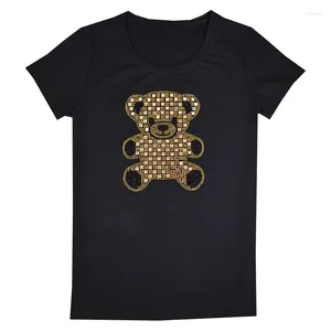 Kvinnors T-skjortor 2024 Summer Women Rhinestones Bear Print Short Sleeve O Neck Topps Tee Feminine Street Wear T-shirt Casual