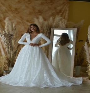 Sexy Backless A Line Wedding Dresses Sheer Deep V Neck Bridal Gowns Long Sleeve 2021 Summer Boho Beach Lace Bride Dress Vestidos3999673