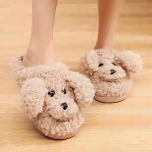 Boots Woman Slippers Winter Shoes Cut Lovely Dog Faux Fur Slides Plush Slippers Soft Sole Indoor Shoes Women Beige Fluffy Slippers
