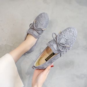 Shoes 2022 summer breathable lace flats shoes woman round toe bowtie airmesh moccasins big size 43 soft bottom slip on loafers women