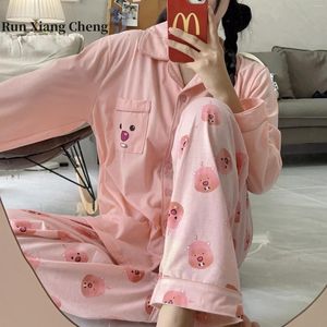 Kvinnors sömnkläder runxiangcheng 2024 Ruby Cotton Pyjamas långärmad söt rosa bäver heminredning set