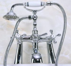 Ottone cromato lucido montato su piattaforma ClawFoot rubinetto vasca da bagno doppie maniglie a croce soffione doccia stile telefono Ana126 set2171281