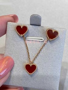 Fanjia V Gold Red Love Necklace Women 925 Silver Plated 18K Rose Gold Heart Armband Small Red Heart Earrings Red Agate