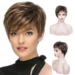 Synthetic Wigs Brown Wigs with Bangs for Women Short Wig Natural Hairstyle Dark Roots Ombre Hair Wigs 240329