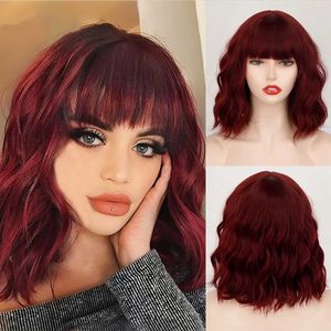 Synthetic Wigs Lace Wigs Wig womens mid-length curly hair air bangs Burgundy shoulder length corn perm synthetic fiber wig head cover 240329