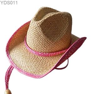 Weitkrempeln Hats Eimer Großhandel anpassbarer rosa Kanten Mädchen Cowboyhut Umweltschutz Material Raffia Outdoor Bergsteigen 240319