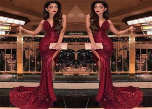 2019 Burgundy V Neck Sequins Mermaid Prom Dresses Sexy High Slits Vestidos De Fiesta Sweep Train Formal Long Evening Party Prom Go3667645